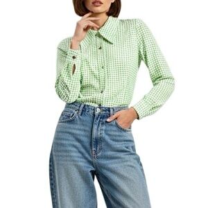 Vintage 70s white green polkadot double knit dagger collar button down blouse